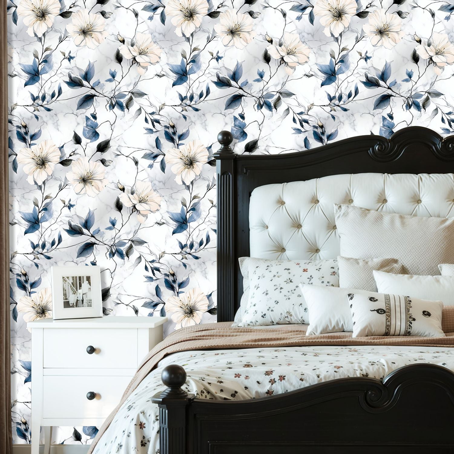 Peel and Stick Wallpaper 23.6in x 9.8ft Elegant Floral Blue Leaves White Flowers Marble Contact Paper Vinyl Self-Adhesive Removable Wall Paper for Bedroom Kitchen Cabinet Décor Renter Friendly