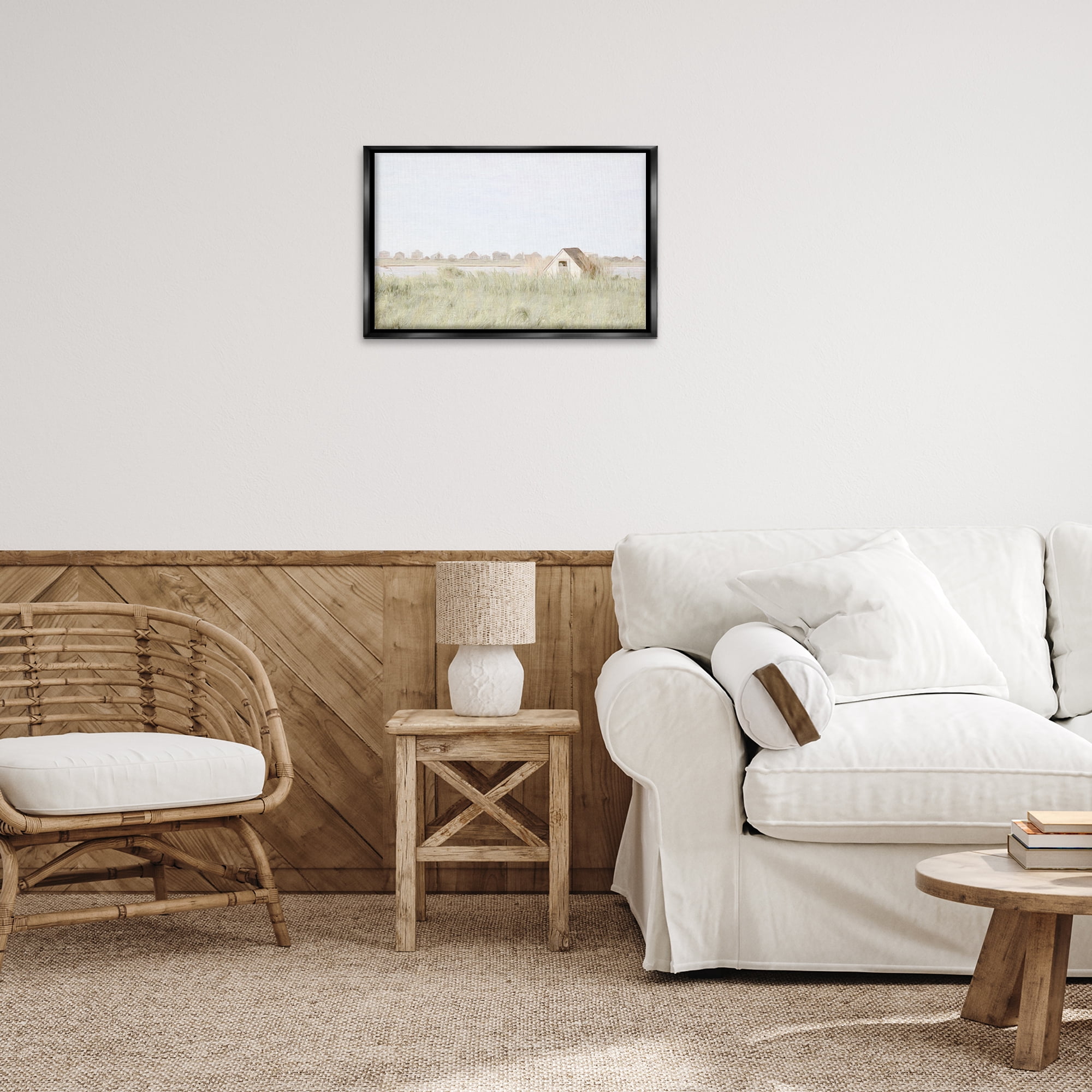 Stupell Industries Swaying Grass By Cottage Landscape & Nature Painting Black Floater Framed Canvas Art Print Wall Art, 25 x 17