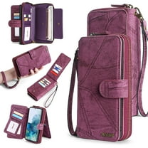 For Samsung Galaxy S25 Wallet Case with RFID Blocking Credit Card Holder, Detachable Wallet Phone Case Magnetic Closure Flip Kickstand PU Leather Flip Lanyard Strap Wristlet Zipper Purse,Winered