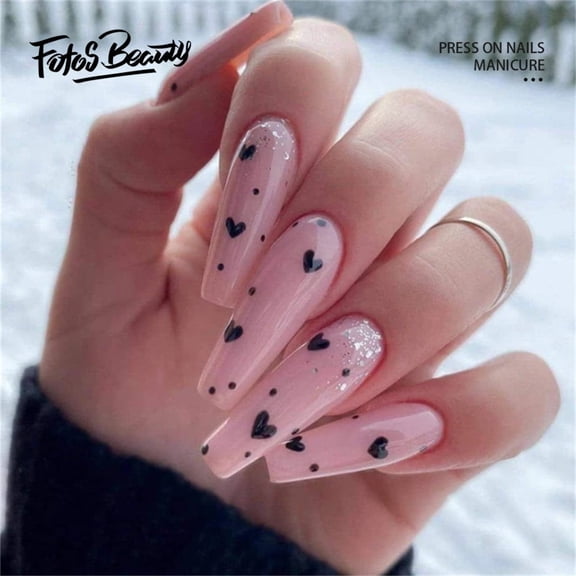 Fofosbeauty 24pcs Press on False Nails, Coffin Fake Nails, Nude Black Heart