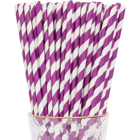 7.7x0.2In Striped Drinking Straws,100Pcs Bulk Durable Paper Straws for Christmas,Disposable Stripe Straws for Parties,Wedding,Picnic(Purple White)