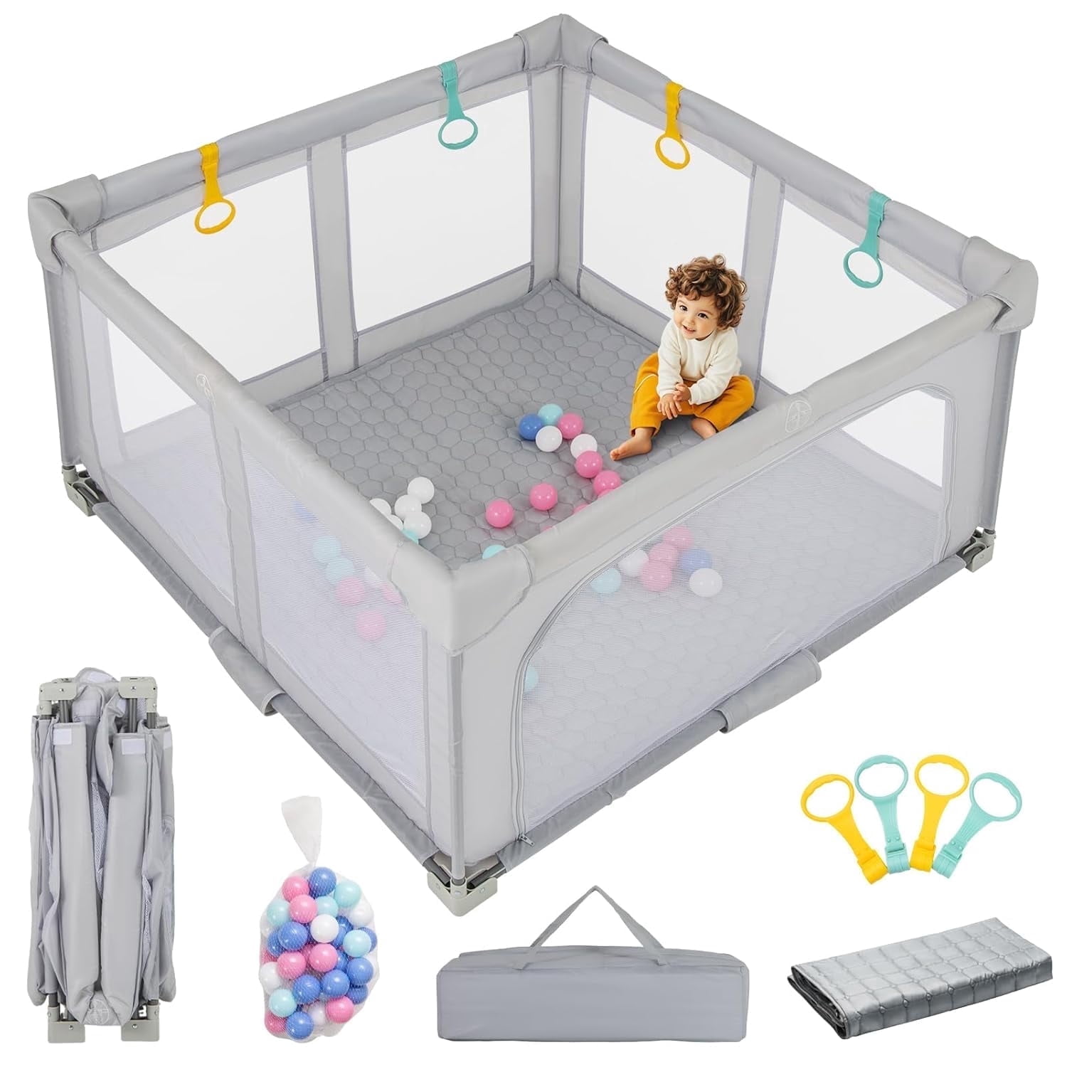 INFANS Foldable Baby Playpen with Mat, 50” x 50” Large Baby Play Yard for Infant with 50 Ocean Balls, 4 Handlers, Carry Bag, Indoor Outdoor Fence Toddler Activity Center