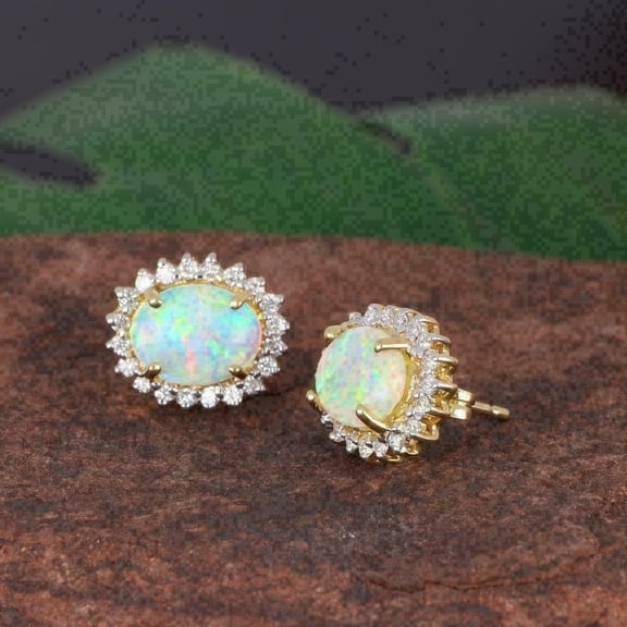 Women's Halo Stud Earrings 14k Yellow Gold Over 2.00 Ct Oval Cut Fire Opal & Diamond
