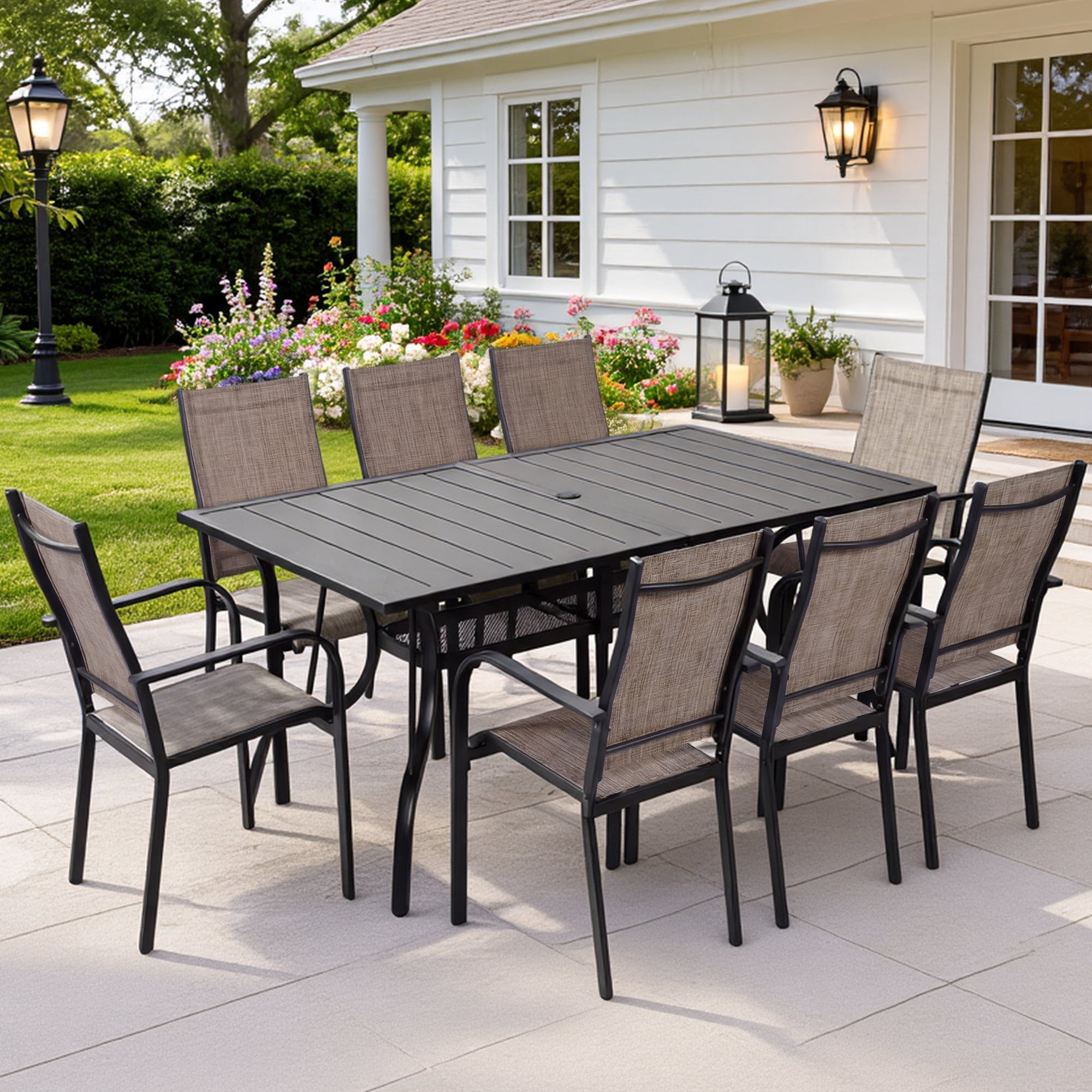 DELMANGO Patio Chairs Set of 8, Outdoor Dining Chairs High Back, All-Weather Padded Textilene Dining Chair for Lawn Porch Garden,Brown