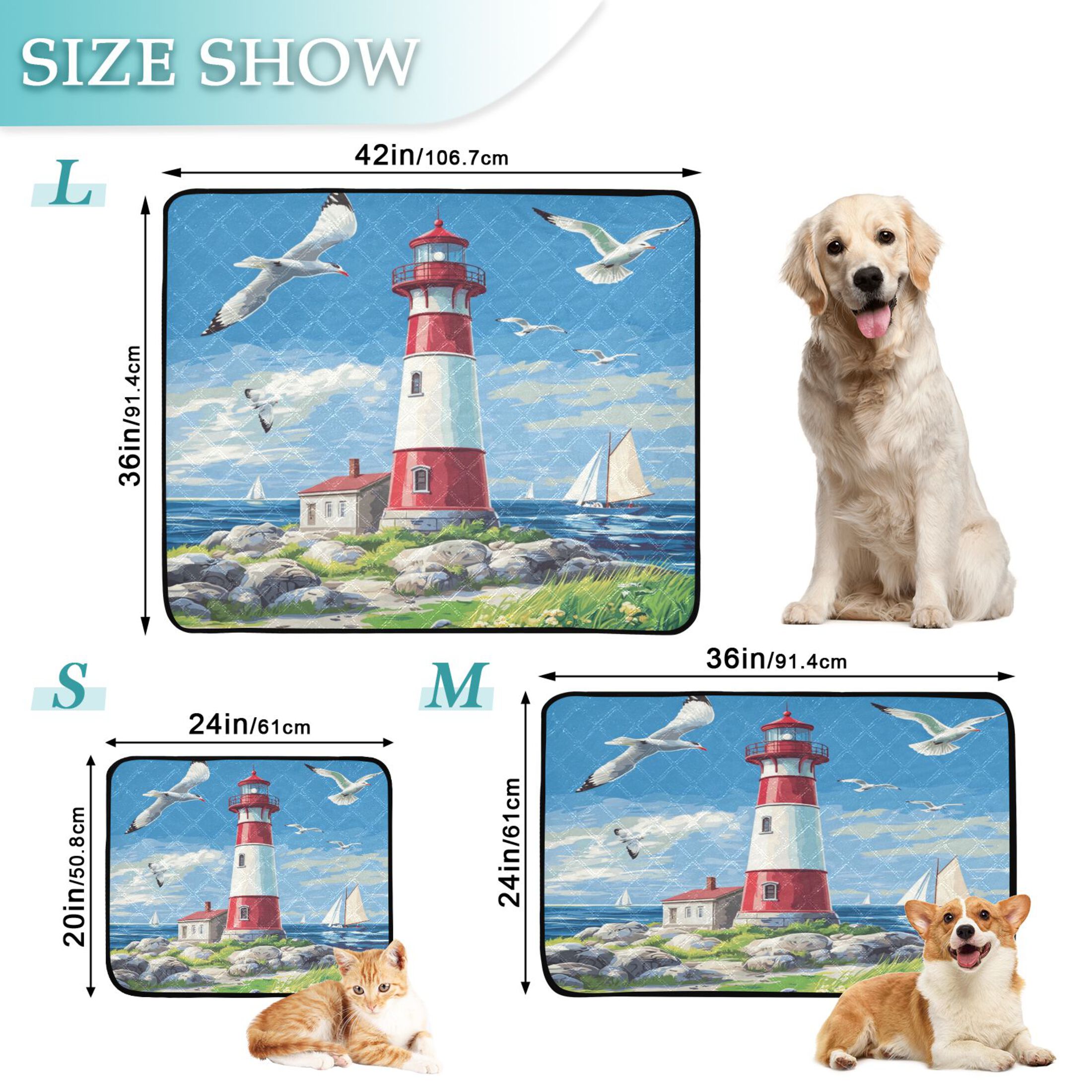 Qxltty Coastal Lighthouse Cat litter Pads Pet Set of 3 Diaper Mats Center Anti-leakage Layer Absorbent Soft and Comfortable