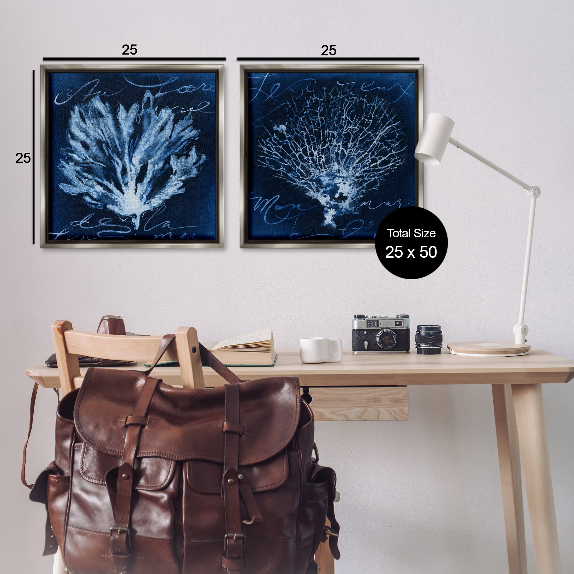 Stupell Industries Dark Blue Coral Pieces Nautical & Beach Painting Gray Floater Framed Canvas Art Print Wall Art, 25 x 25, Set of 2
