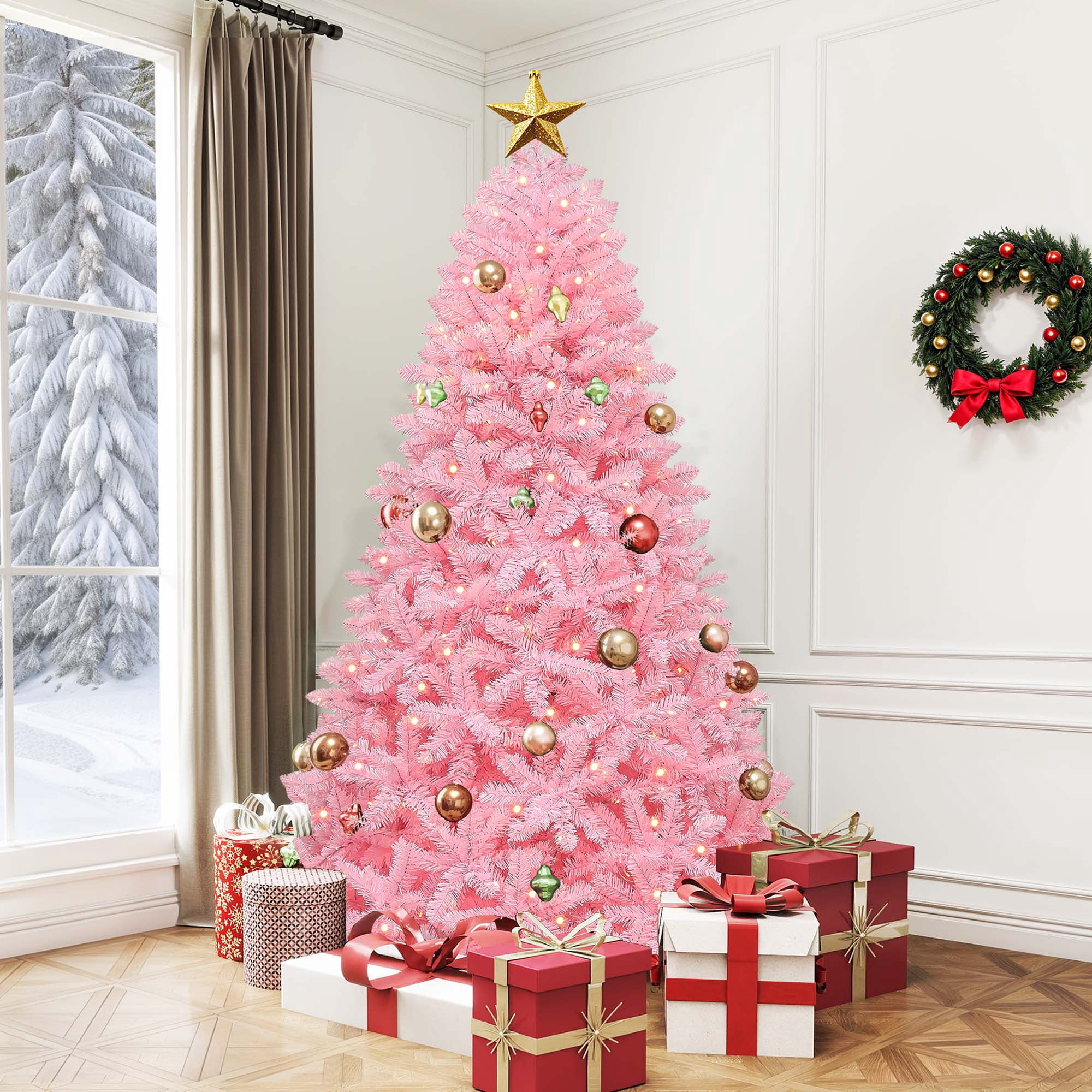 Uforic 7.5 ft Pre-lit Spruce Artificial Christmas Tree with 1350 PVC Tips & 550 Warm-White Lights, Pink