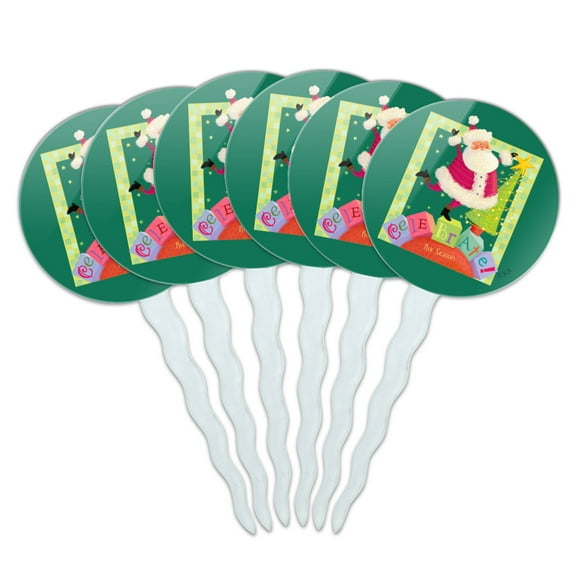 Christmas Holiday Celebrate the Season Santa Blocks Cupcake Picks Toppers Decoration Set of 6