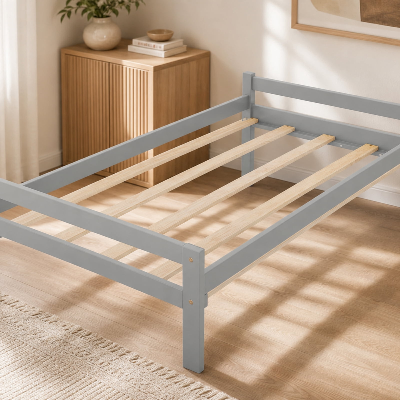 Furnibear Twin House Bed with Interactive Blackboard 2 Large Storage Drawers Rolling Casters Solid Pine Wood Frame and High Guardrails, Gray