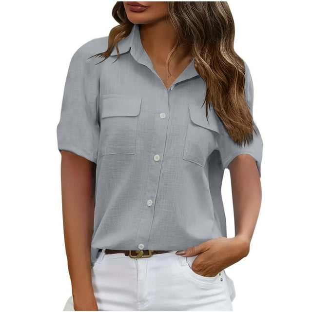 Mujeres de Manga Corta Tops Casual Color Sólido Doble Bolsillo Botón-Arriba Blusa de Cuello Turndown, Blusas de Manga Corta Casual para las Mujeres de Uso Diario