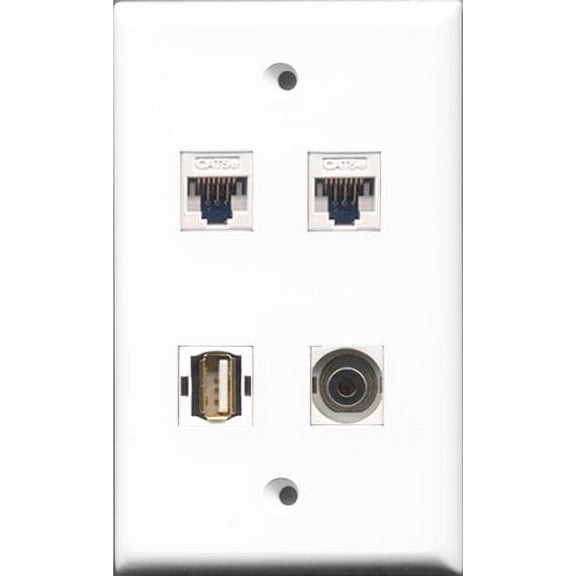 RiteAV - 1 Port USB A-A and 1 Port 3.5mm 2 Port Cat5e Ethernet White Wall Plate