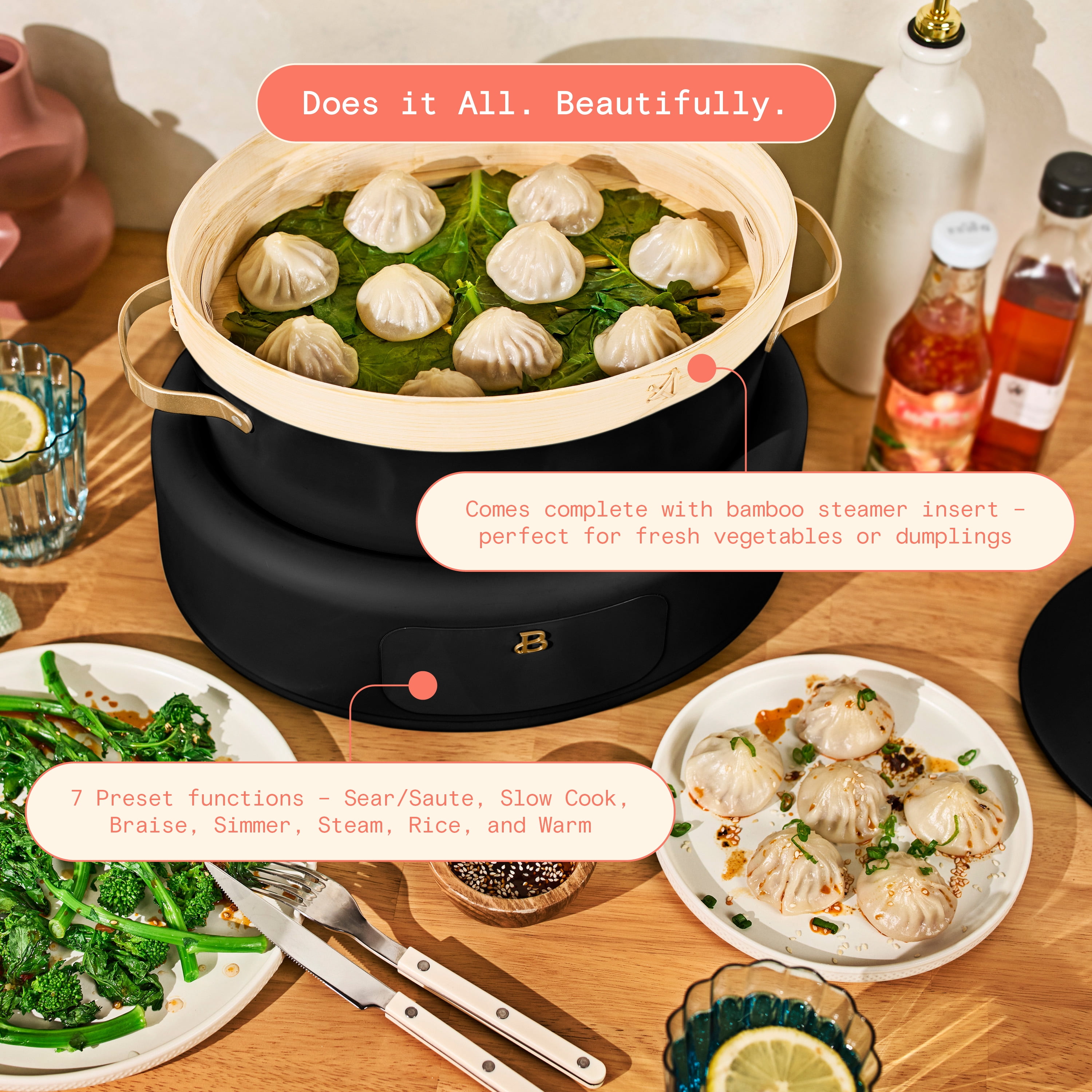 Beautiful 10-in-1, 8 Qt Multi-Cooker with Bamboo Steamer Insert and 7 Preset Functions, Black Sesame by Drew Barrymore