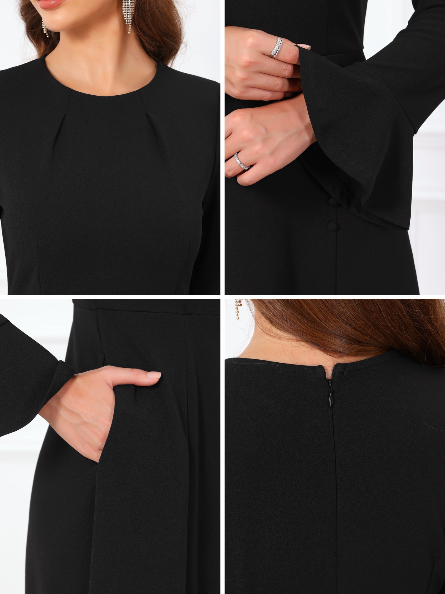 DARING DIVA Women's Formal Bell Sleeve Crewneck A-Line Pockets Dress S Black