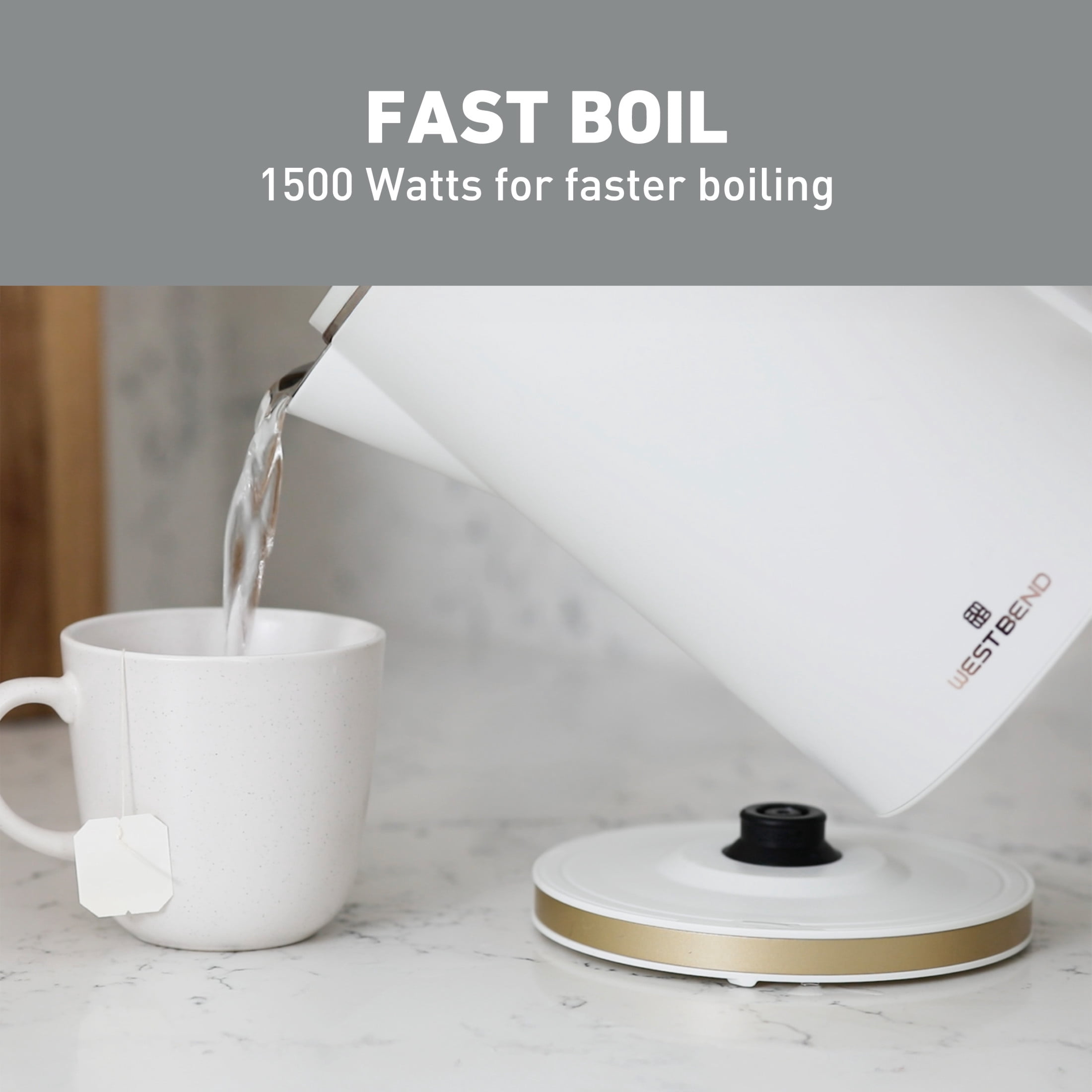 West Bend Timeless Electric Kettle, 1.5 Liter Capacity, in White/Gold (KTWB2LWG13)