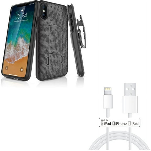 MFi USB Cable w Case Belt Clip for iPhone XS/X - 3ft Certified Charger Cord Power Wire, Holster Swivel Cover Kickstand Armor for iPhone XS/X