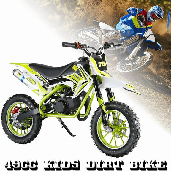 49cc Kids Dirt Bike - 2-Stroke Mini Motorcycle with Front and Rear Disc Brakes, Shock Absorption, Soft Seat Cushion & Off-Road Tires for Kids and Teens