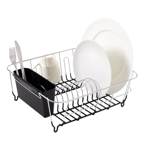 2 Piece Chrome Plated Steel Small Compact Dish Drainer, Black