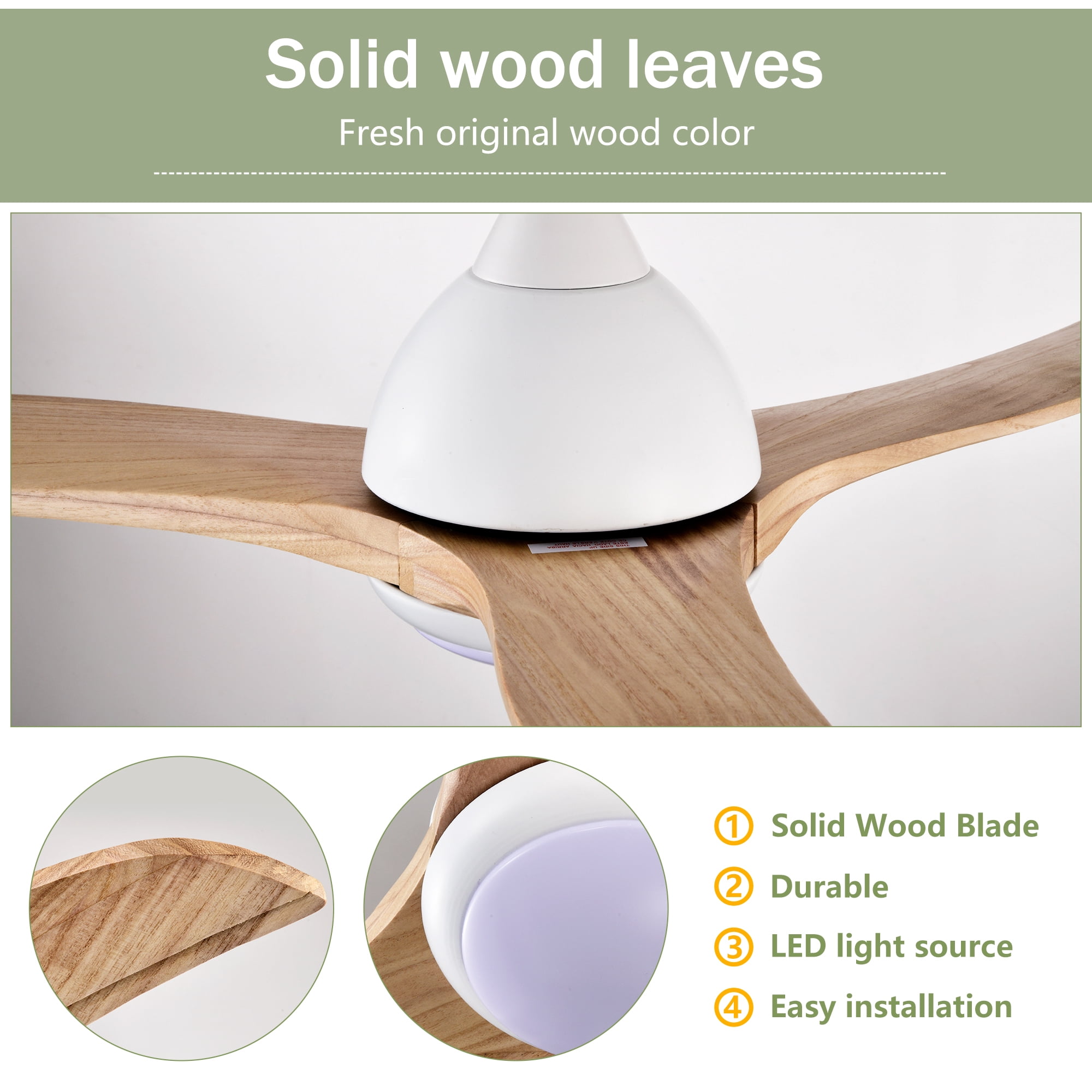 Leumius 52" Solid Wood Blades Ceiling Fan with Light and Remote Control, Noiseless Reversible Motor, 6 Speed for Patio Living Room Bedroom Office White