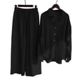 thumbnail image 1 of Conjunto casual de 2 piezas de blusa de algodón y lino de manga larga con botones + pantalones de pierna ancha para mujer, 1 of 2