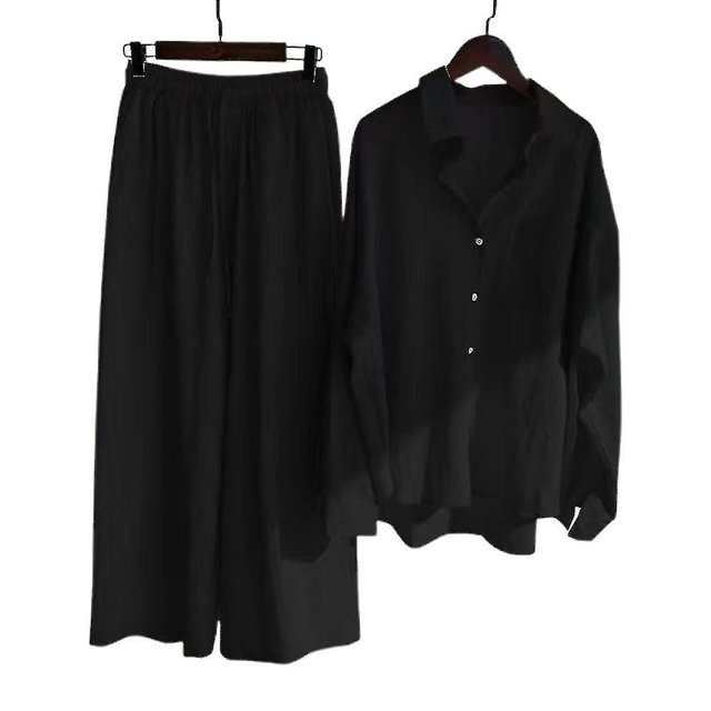 Conjunto casual de 2 piezas de blusa de algodón y lino de manga larga con botones + pantalones de pierna ancha para mujer
