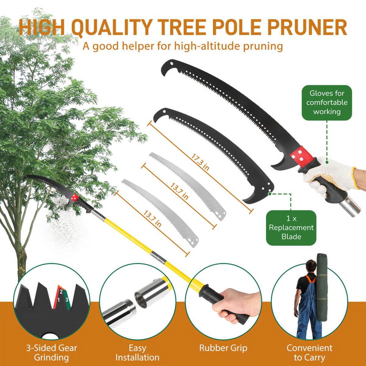 AsterOutdoor 26ft Manual Pole Saw Long Handle Tree Trimmer with Alloy Steel Blade and Scissors, Fiberglass Poles for Palm, Pear, Fir Trees