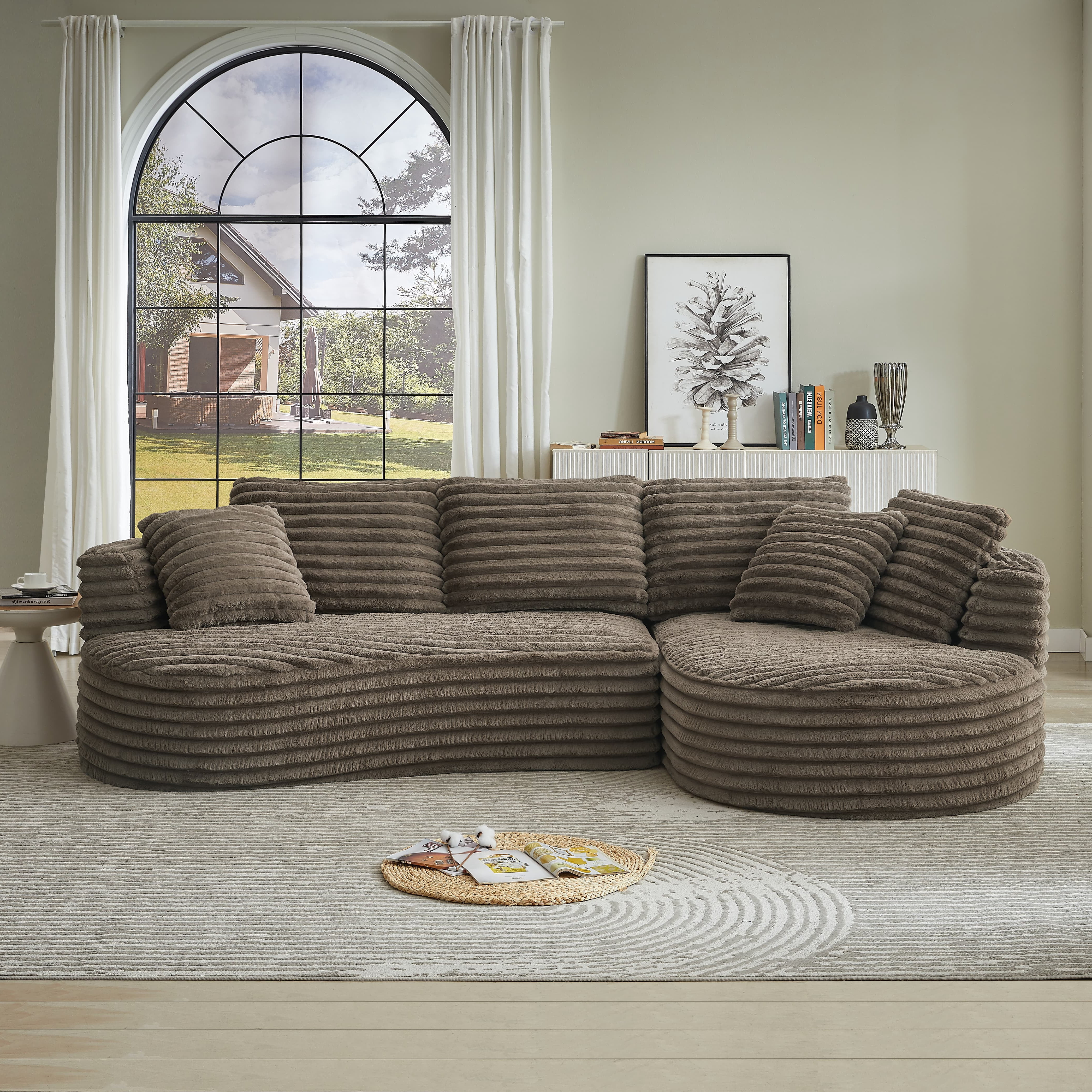 MAYEERTY 120.9" Brown Corduroy Curved L Modular Sectional Sofa, Pocket Spring No Assembly Couch for Living Room Reception