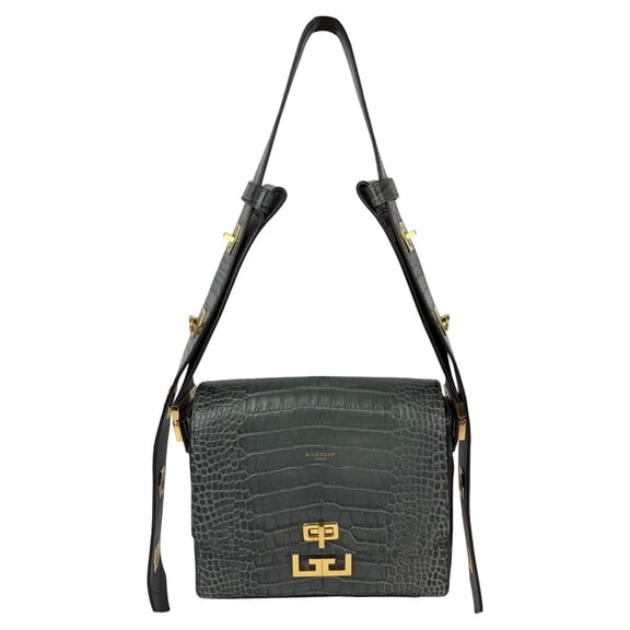 Pre-Owned Givenchy Leather Crocodile Embossed Medium Eden Storm Gray Crossbody Shoulder Bag