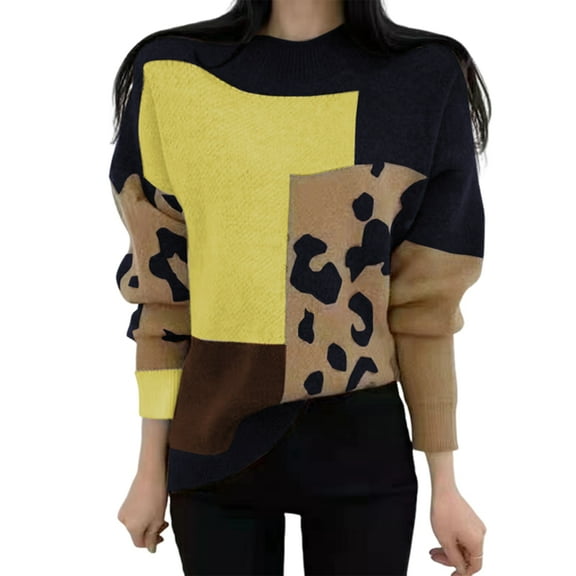 Women'S Fall Winter Long Sleeve Round Neck Pullover Sweater Leopard Print Colorblock Knitted Top Yellow One size