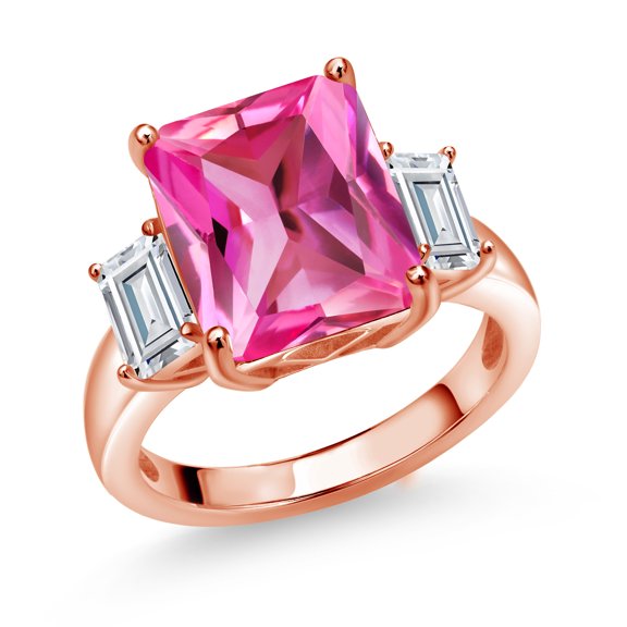 Gem Stone King 18K Rose Gold Plated Silver 3-Stone Ring Octagon Pink Created Sapphire and Moissanite (7.74 Cttw, Size 5)