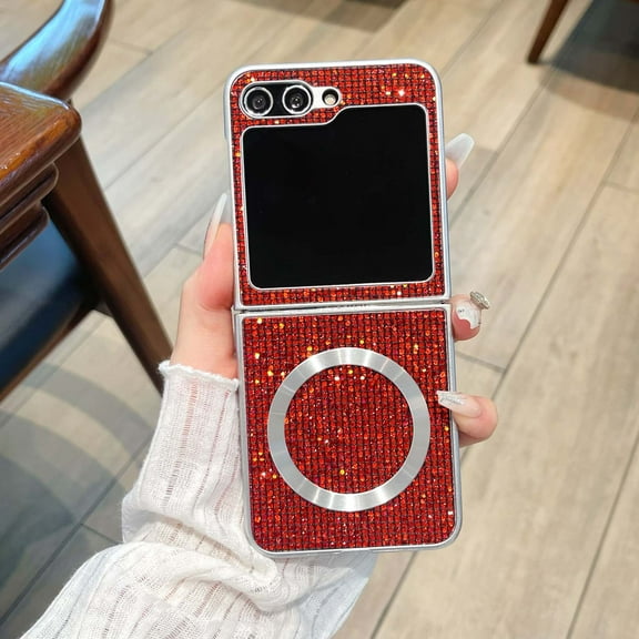 For Samsung Galaxy Z Flip 7 Phone Case,Compatible with Mag-safe,Luxury Glitter Back Design,Silver Bumper,Shockproof Ultra Slim Lightweight Anti-Scratch Rugged Phone Case,Red