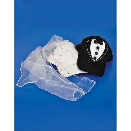 Bride and Groom Costume Baseball Hat Set With Sequins and Tule Veil and Tuxedo