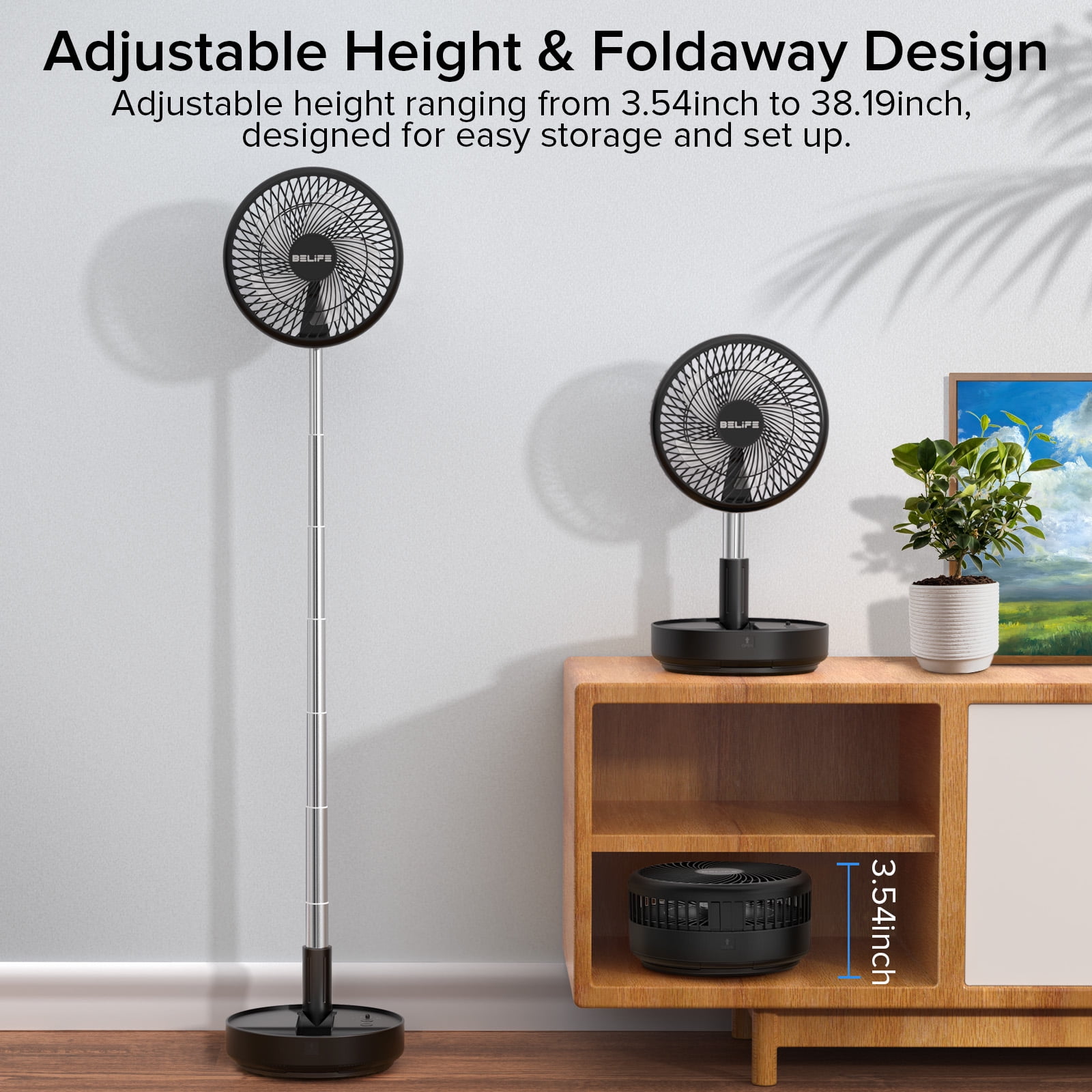 Belife X8 Portable Fan, 7200mAh Battery Powered Fan Rechargeable, Oscillating USB Desk Floor Fan with Remote, Foldable Telescopic Fan for Home Bedroom Sleeping Office Camping Travel, 7.7" (Black)