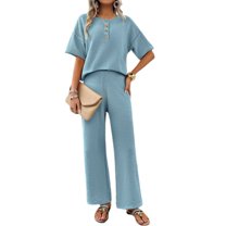 SWSMCLT Women's Summer 2 Piece Outfit 2 Piece Knit Spring Fall Lounge Set Short Sleeve Sweater Wide Leg Pant Suits Casual Cozy Blue X-Large