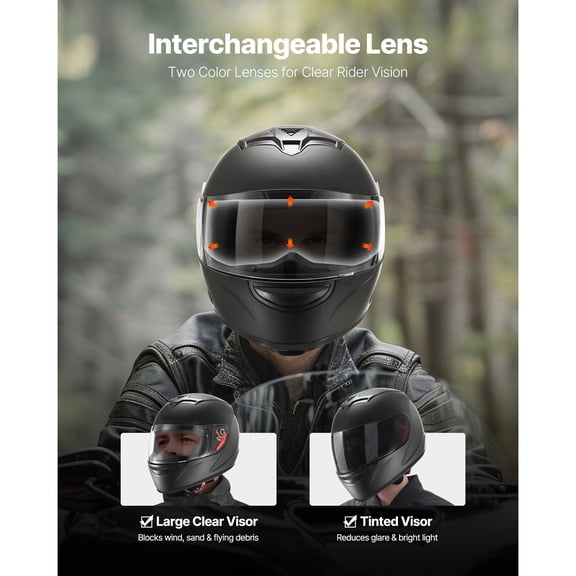 DOT Approved Full Face Motocross Helmet for Adults with Dual Tinted and Clear Visor Detachable Liner Matte Black Size M