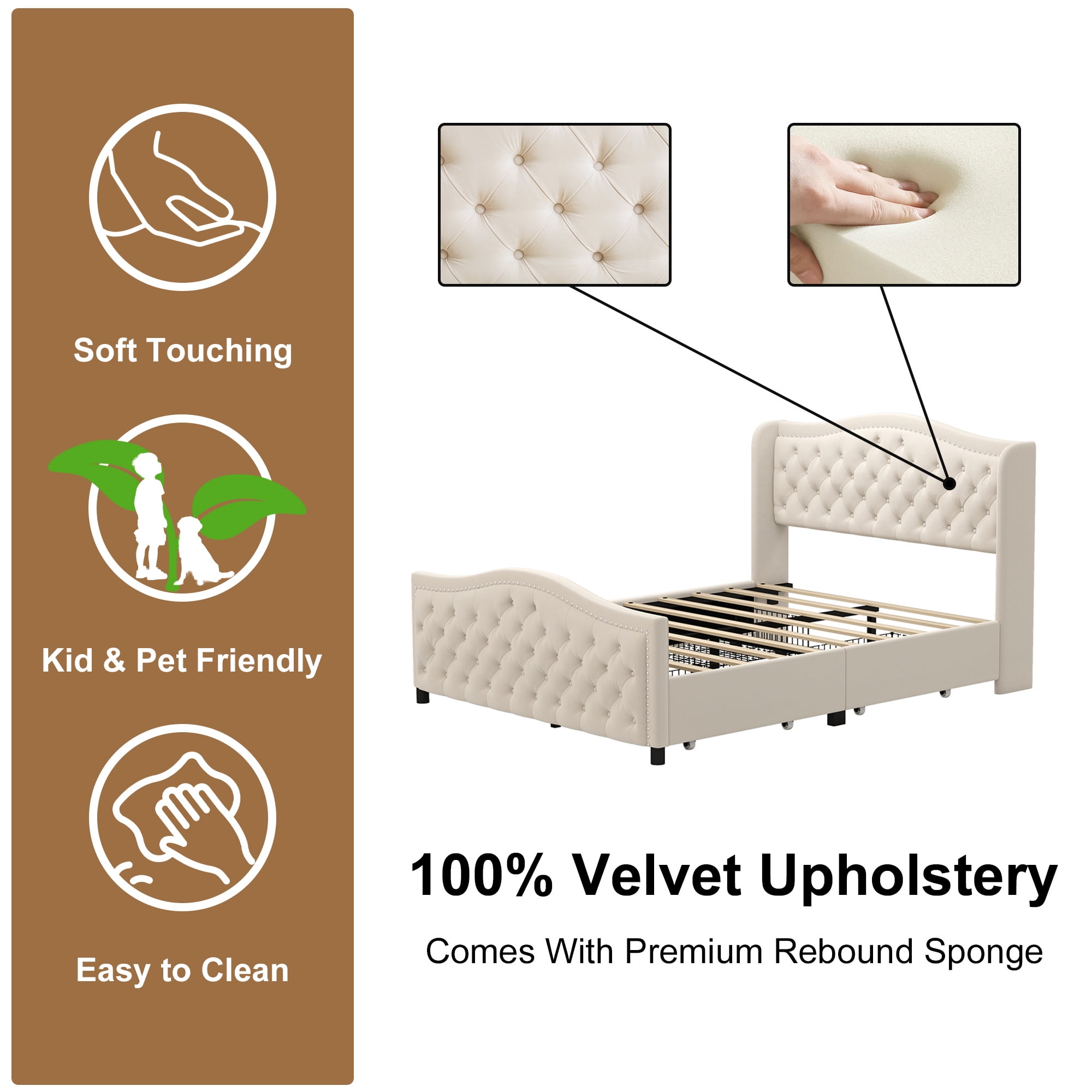 Bonzy Home Queen Size Bed Frame with Storage Velvet Upholstered Sleigh Bed with Headboard Button Tufted Easy Assembly Cream