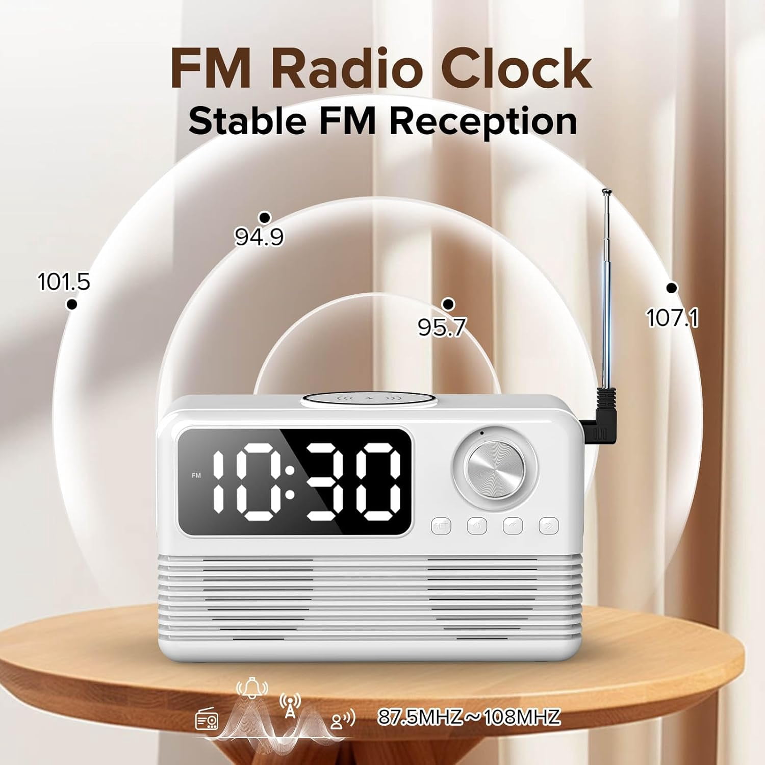 4 in1 Wireless Charging Station with Clock, FM Radio, Bluetooth Speaker, 15W Fast Wireless Charger for i Phone, Android Phones, Clock Radio for Bedroom Easy to Use for Seniors and Kids as Gift