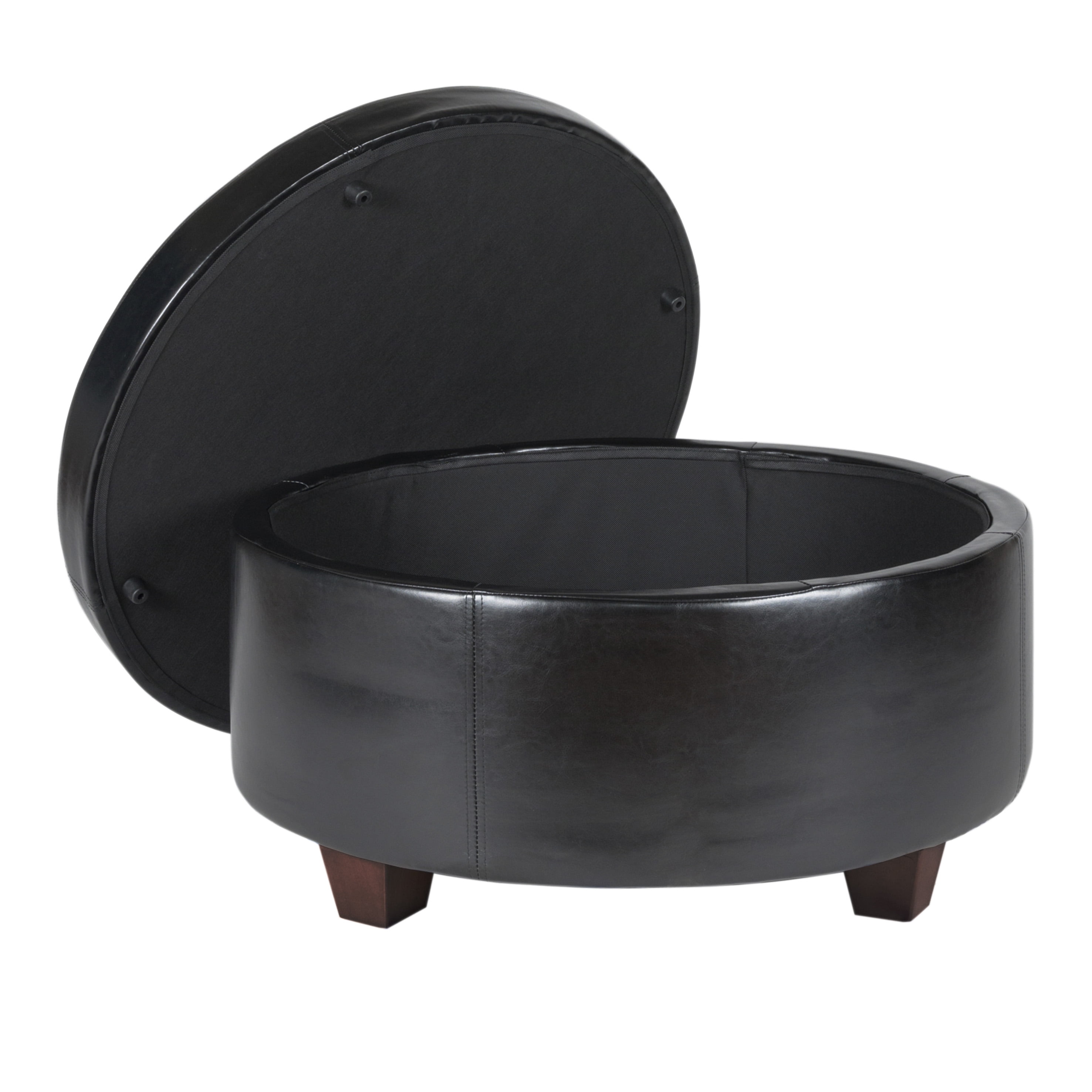 Leatherette Single Button Tufted Round Ottoman with Wooden Feet Large Black and Brown - Saltoro Sherpi
