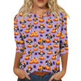 thumbnail image 2 of Halloween Shirts Women Spooky 3/4 Sleeve Tops Horror Halloween Ghost Pumpkin Printed T Shirts Funny O Neck Pullover Three Quarter Length Blouse,4XL, 2 of 7