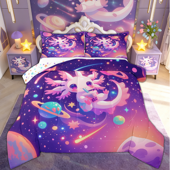 Feelyou Cartoon Axolotl Animals Bedding Comforter Set for Kids Girls, Dreamy Planet Stars Print Twin Comforter Sets, Colorful Stars Reversible 2-Piece