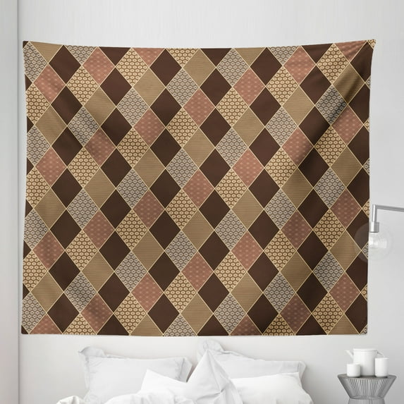 Earth Tones Tapestry, Lozenge Pattern in Patchwork Style Striped and Floral Rhombus Brown Shades, Fabric Wall Hanging Decor for Bedroom Living Room Dorm, 5 Sizes, Brown Yellow, by Ambesonne