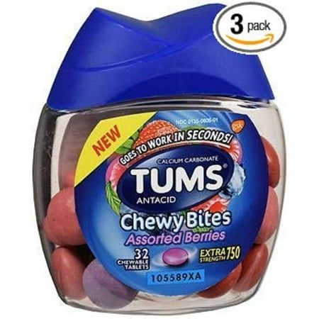 Extra Strength 750 Antacid Chewy Bites Assorted Berries - 32 ct, Pack of 3, Relieves: heartburn, sour stomach, acid indigestion, upset.., By (Best Way To Relieve Heartburn)
