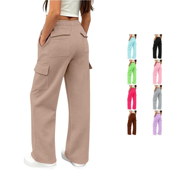 Ticikt Kids Cargo Sweatpants, Drawstring Elastic Waist Multi‑Pocket Solid Color Wide Leg Casual Sports Trousers for Boys Girls,Khaki