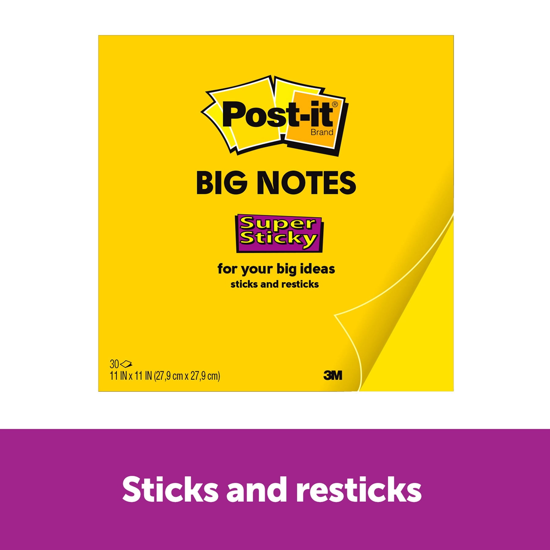 Post-it Super Sticky Big Note, 11 in. x 11 in., Yellow, 30 Sheets/Pad, Pack of 3