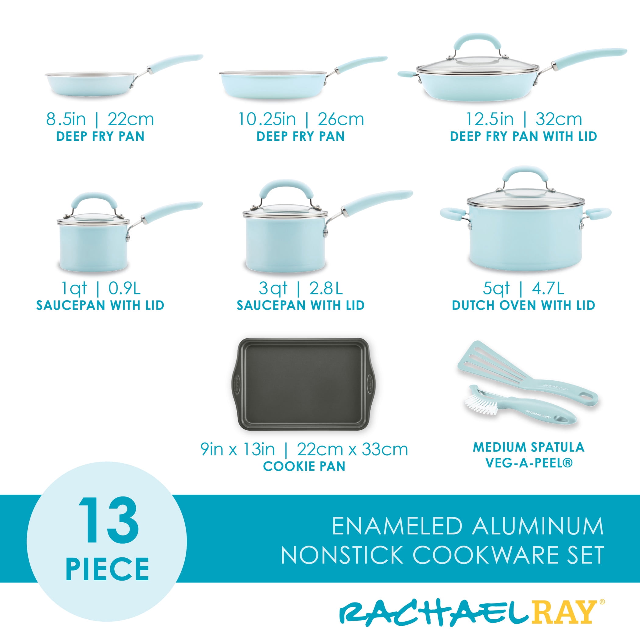 Rachael Ray Create 13 Piece Delicious Aluminum Nonstick Pots and Pans, Light Blue