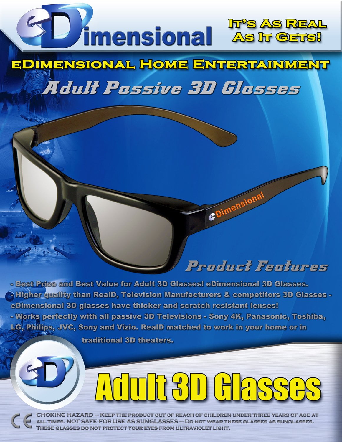 Child Sized ED KIDS 4 Pack Passive Theater Circular 3D Glasses For Vizio 3D TVs