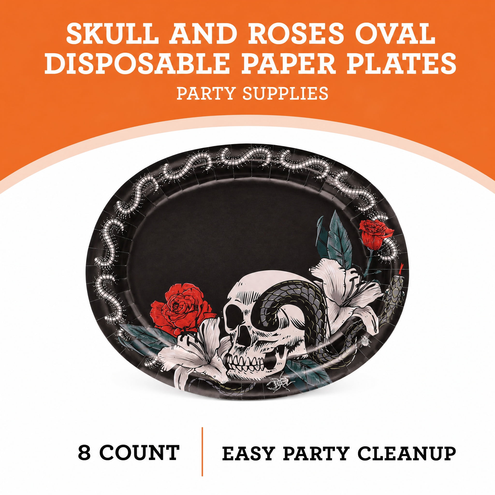 Skull and Roses Oval Disposable Paper Plates, Multicolor, 12" x 10", 8 Count, Halloween by Way To Celebrate