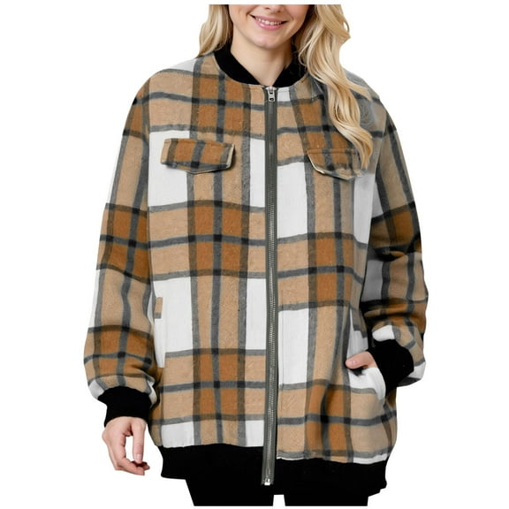 RQYYD Shackets for Women Fashion Casual Zip Up Flannel Plaid Jackets Long Sleeve Baggy Outwear Coat Fall Clothes