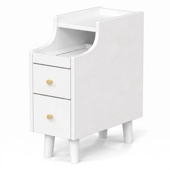 Furnibear Narrow Nightstand with Pull-out Tray and 2 Storage Drawers, Slim Solid Wood Bedside Table for Small Spaces and Tight Corners, White