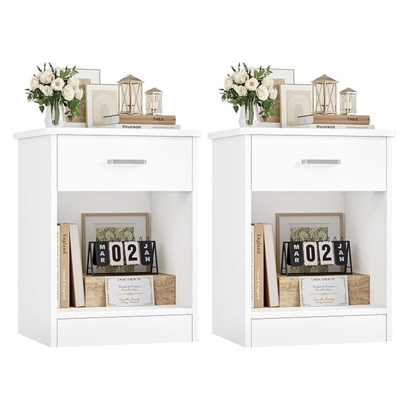 Nightstand, Set of 2, 2 Tier Nightstand with Drawer and Storage Shelf, Bedside Table End Table, Modern Night Stand for Bedroom, Home Office,White