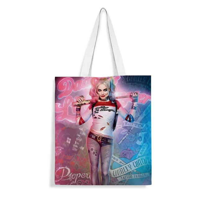 Harley Quinn Bolso de tela con estampado de lienzo para mujer, bolsa de compras reutilizable y estética, con cremallera interior, regalo para mujer,38*45cm.